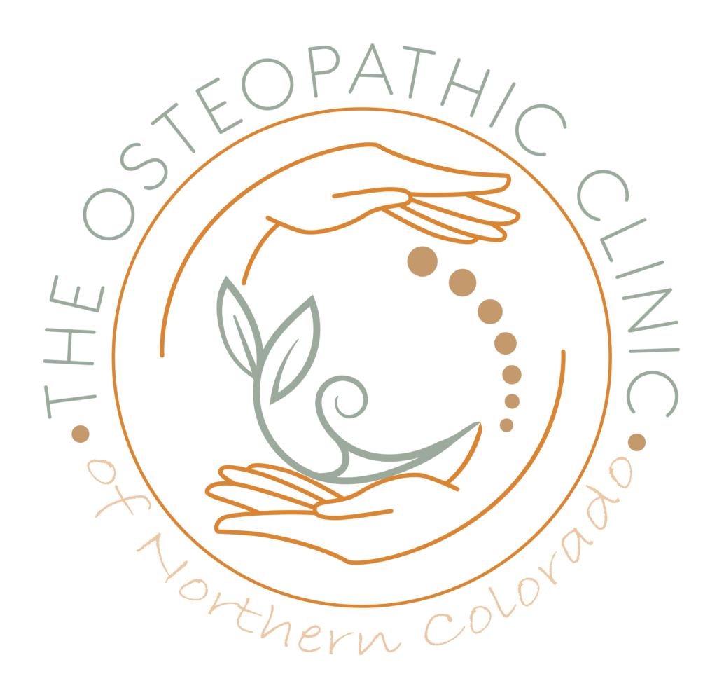 Logo for The Osteopathic Clinic of Norhtern Colorado, circular logo of hands and organic elements in orange and teal.