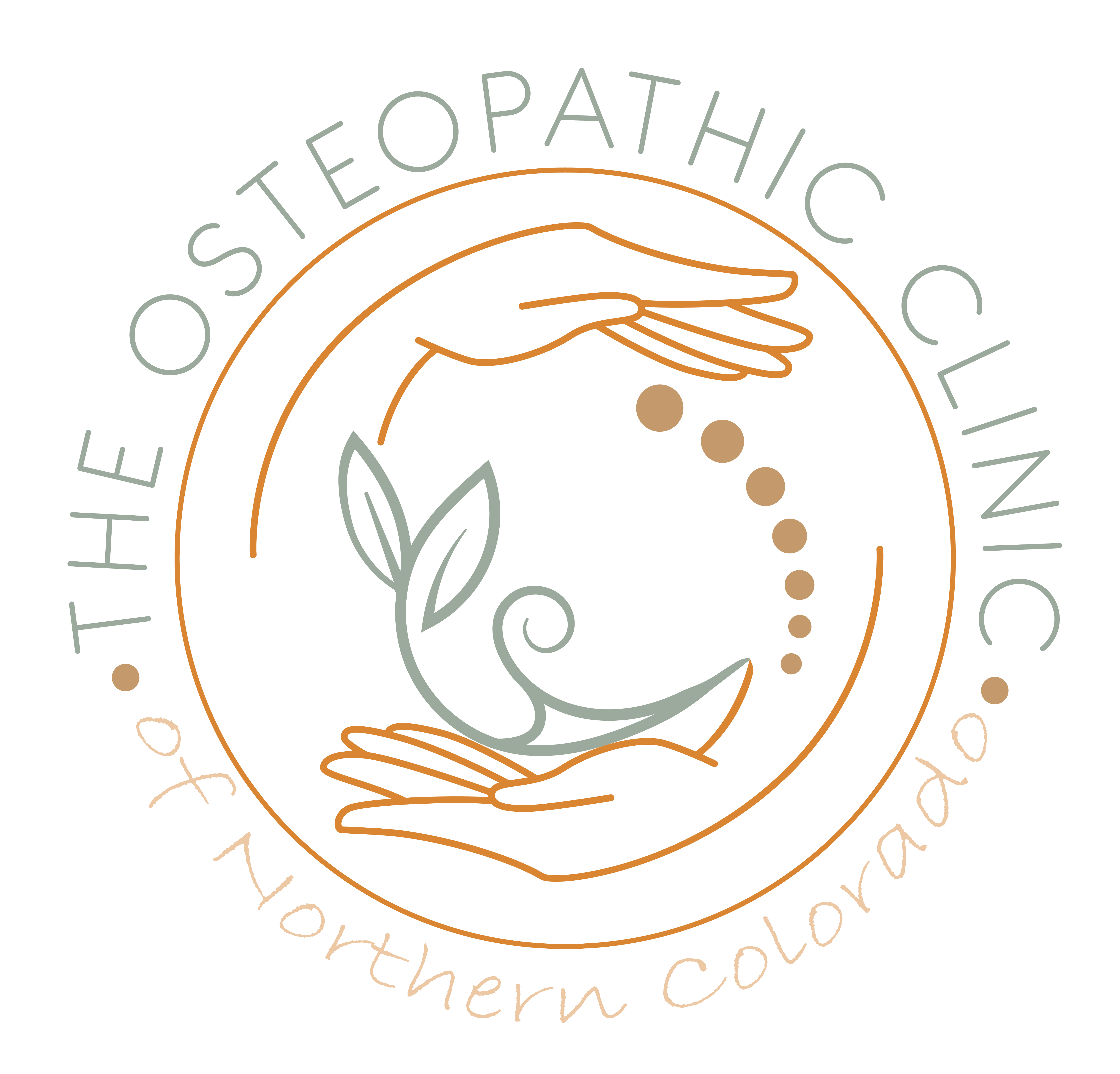 Logo for The Osteopathic Clinic of Norhtern Colorado, circular logo of hands and organic elements in orange and teal.