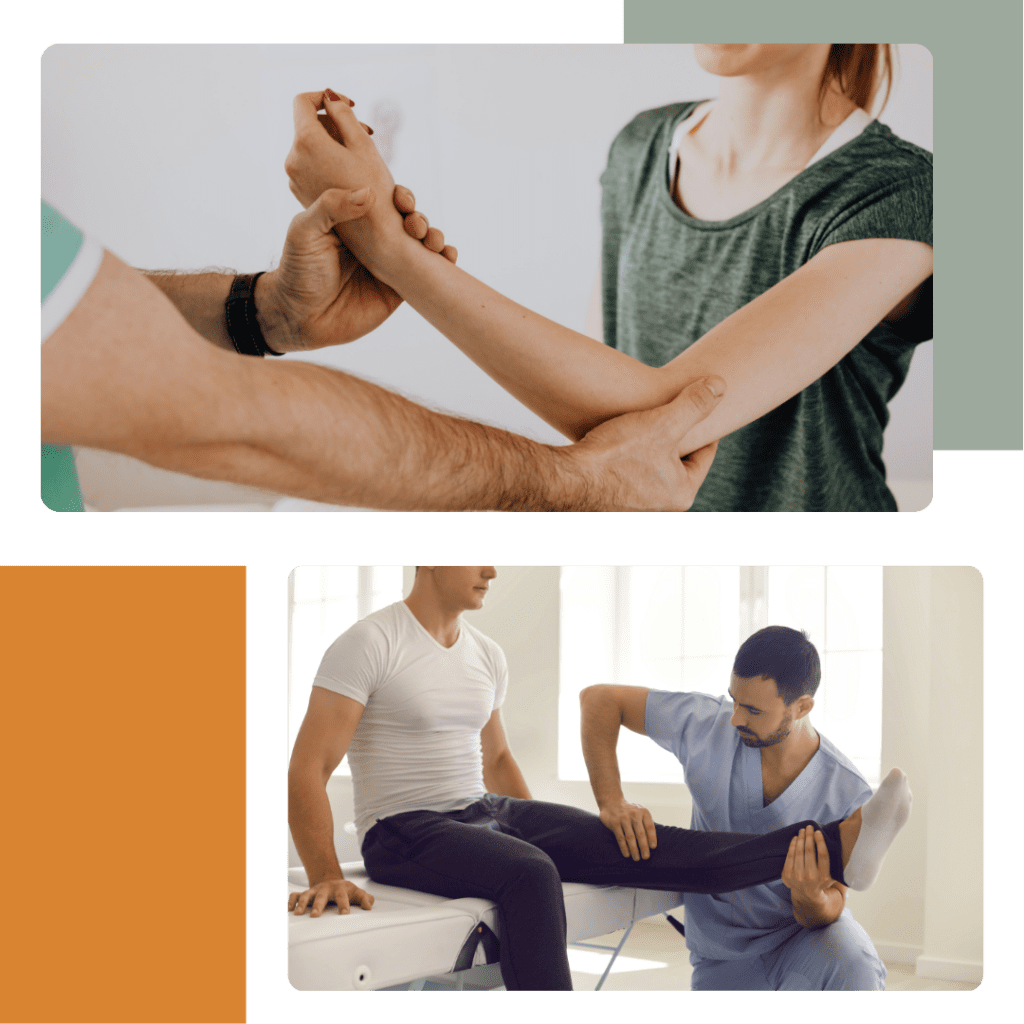 man and a woman at a chiropractor receiving physical therapy